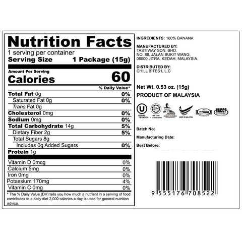 Freeze Dried Banana Snack by Alor | 6 Packs | 15g per pack