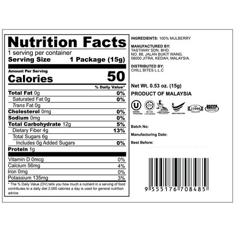Freeze Dried Mulberry Snack by Alor | 6 Packs | 15g per pack