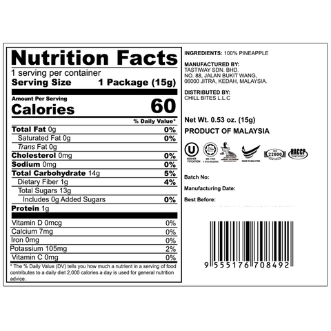 Freeze Dried Pineapple Snack by Alor | 6 Packs | 15g per pack