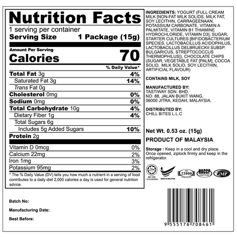 Freeze Dried Yogurt Chocolate Chips by Alor | 6 Packs | 15g per pack